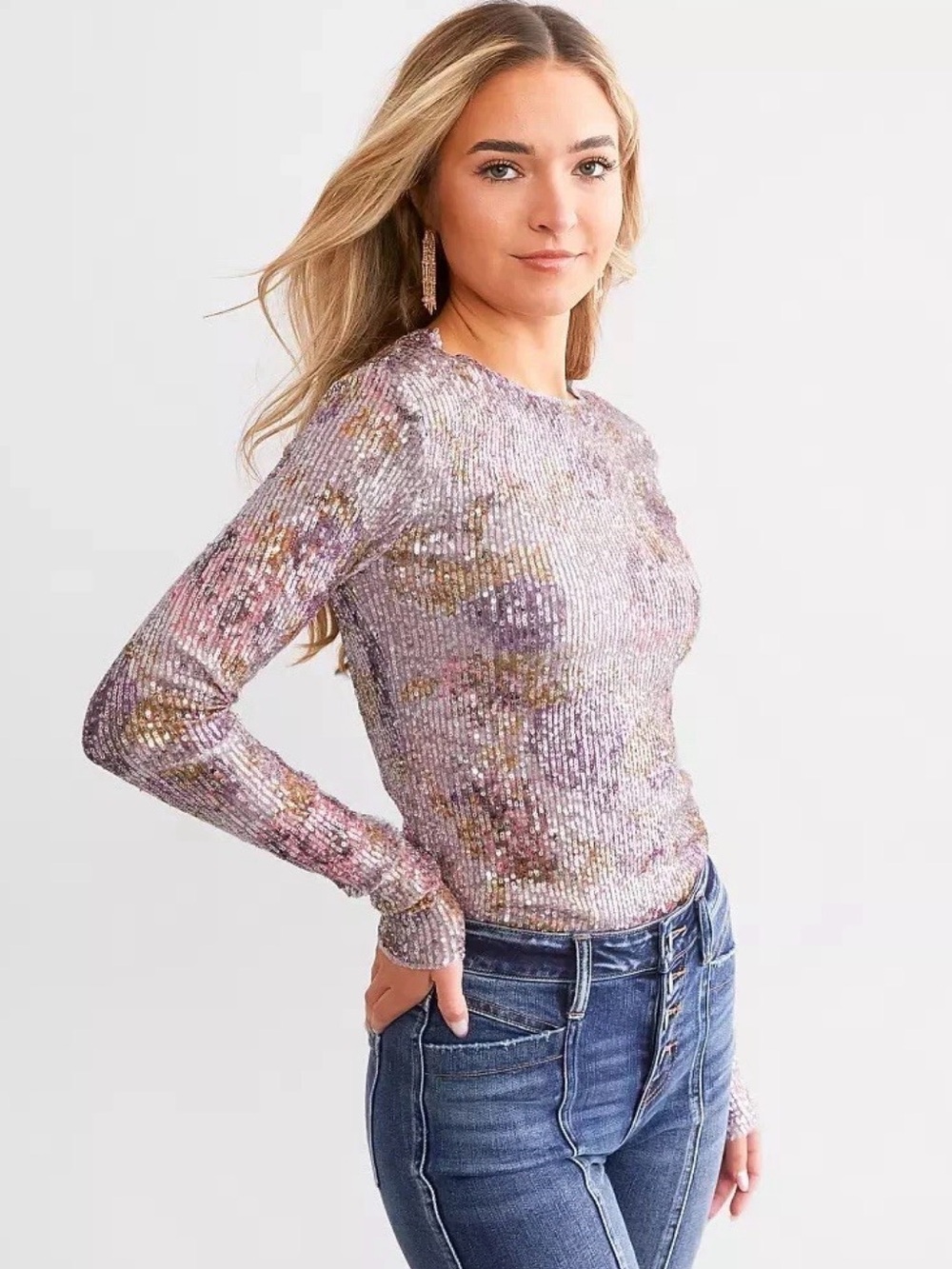 NWT FREE PEOPLE GOLD RUSH TOP LONG SLEEVE SEQUIN LILAC COMBO LARGE